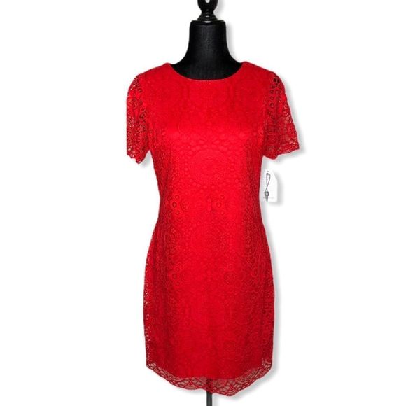 Laundry Shelli Segal Red Lace Short Sleeve Mini Dress NWT size 10 Petite - Picture 3 of 10